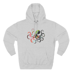 Light gray pullover hoodie with a multicolored octopus graphic featuring curling tentacles above a kangaroo pocket, front view.