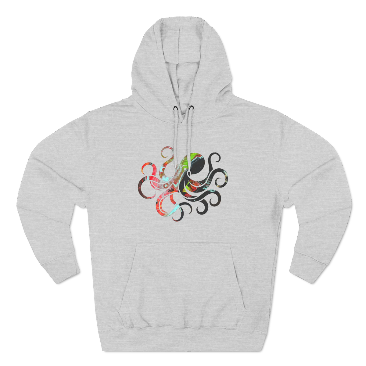 Light gray pullover hoodie with a multicolored octopus graphic featuring curling tentacles above a kangaroo pocket, front view.