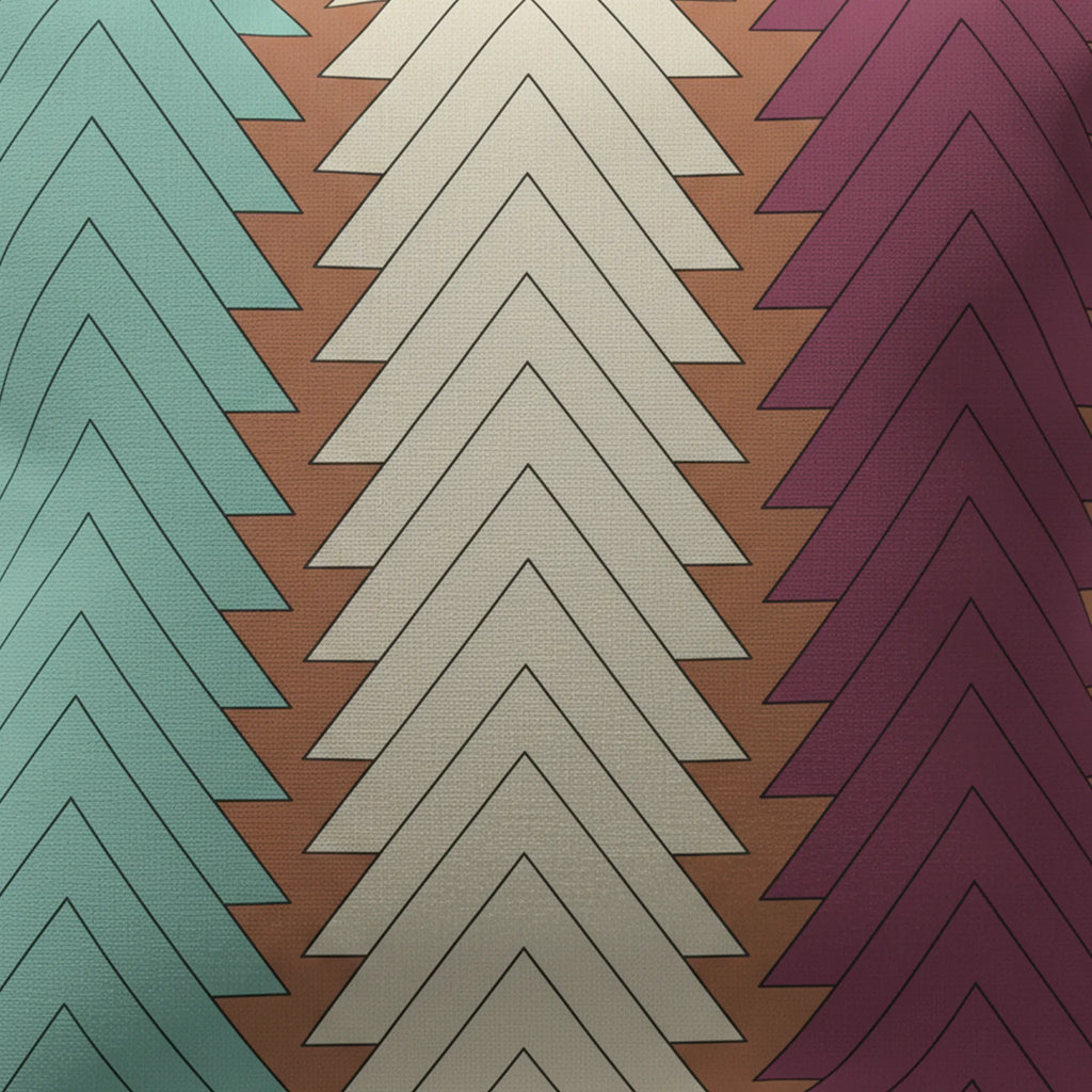 Boho chevron outdoor pillow, graphic detail, teal cream magenta chevron texture closeup on terracotta.