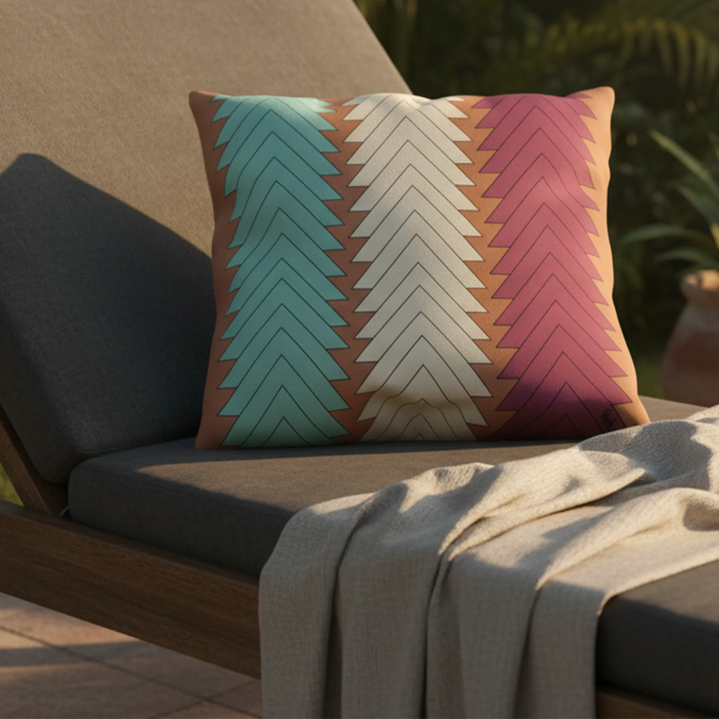 Boho chevron outdoor pillow on teak sofa, golden hour lifestyle, teal cream magenta terracotta.