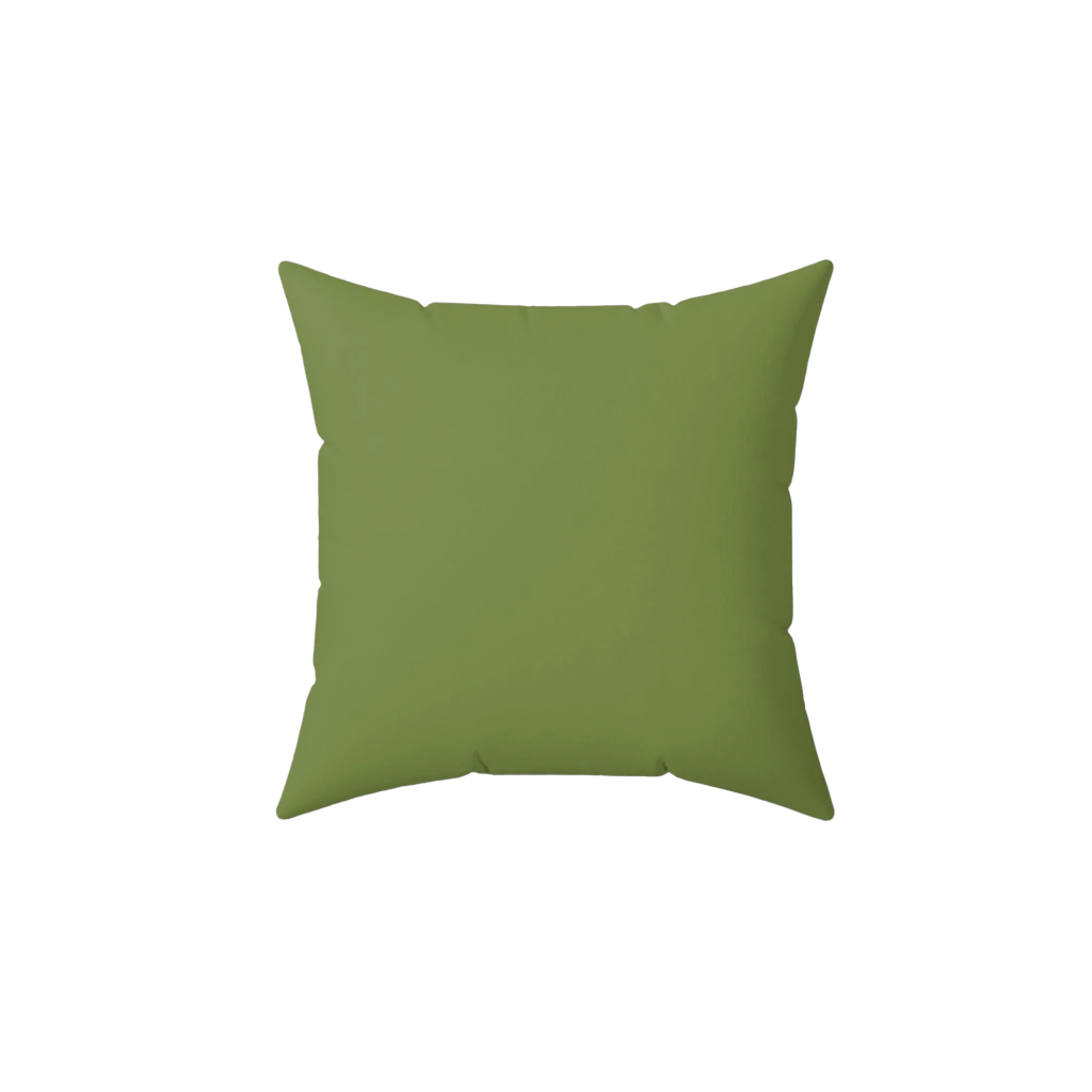 Olive green faux suede throw pillow, back view.