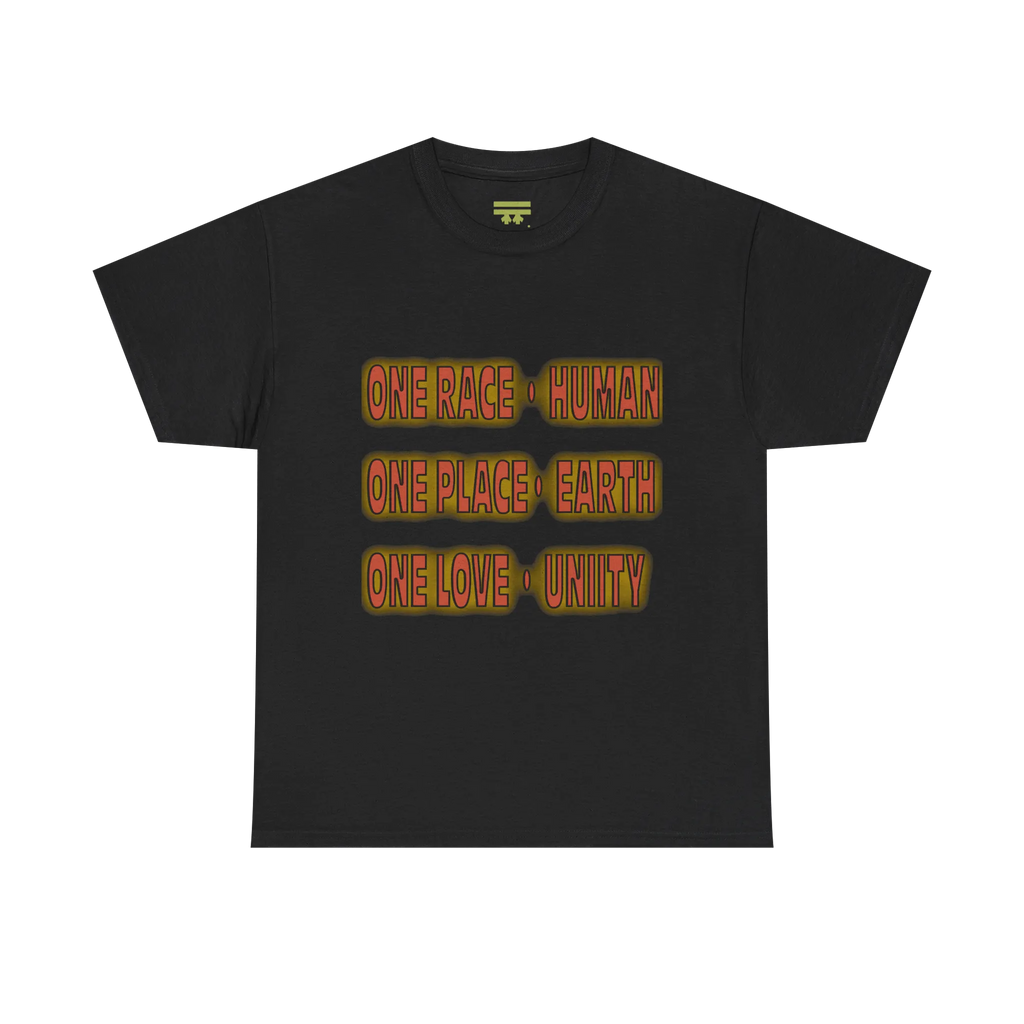 Black graphic tee with bold retro text reading One Race Human, One Place Earth, One Love Unity, centered chest print.