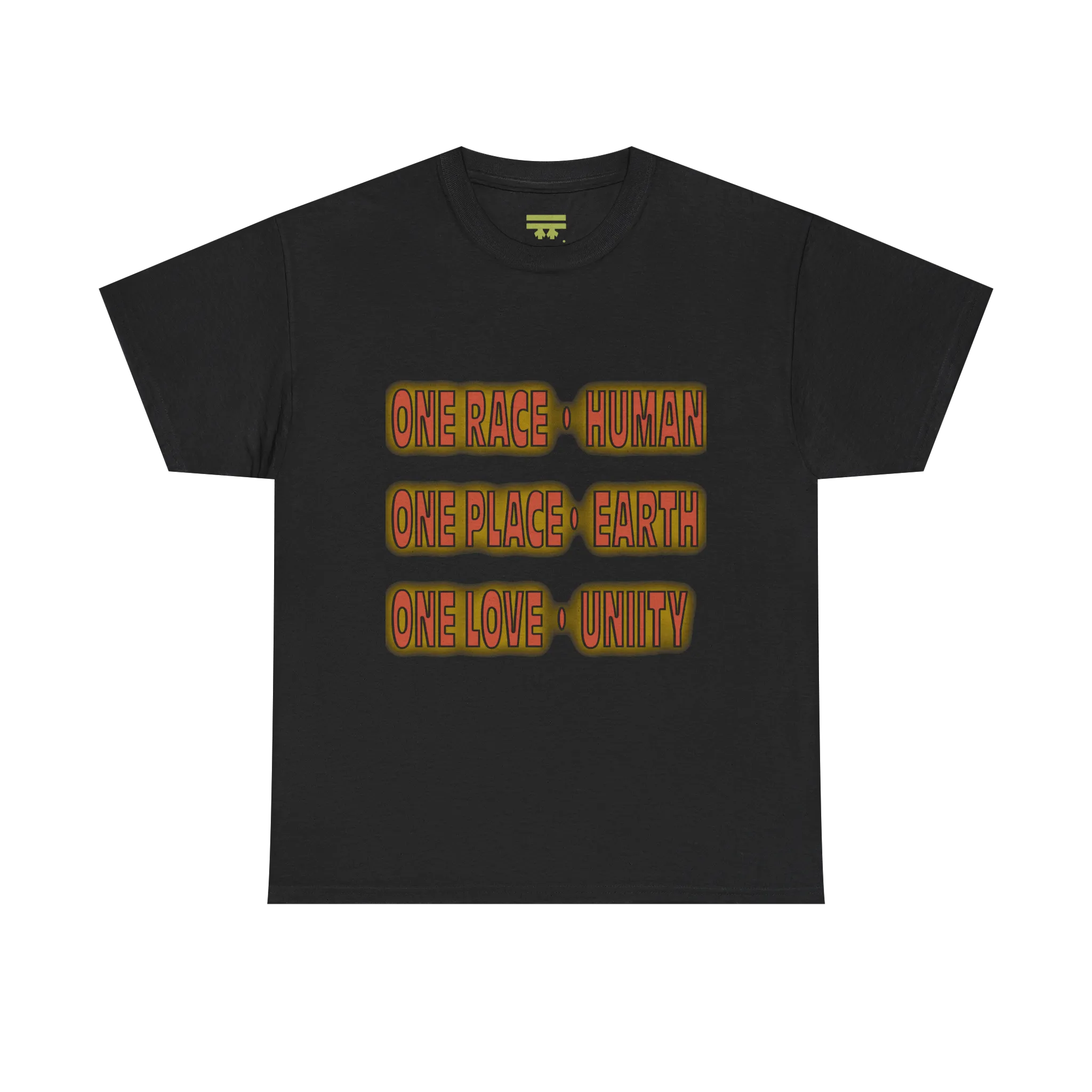 Black graphic tee with bold retro text reading One Race Human, One Place Earth, One Love Unity, centered chest print.