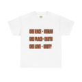White graphic tee with bold retro text reading One Race Human, One Place Earth, One Love Unity, centered chest print.