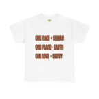 White graphic tee with bold retro text reading One Race Human, One Place Earth, One Love Unity, centered chest print.