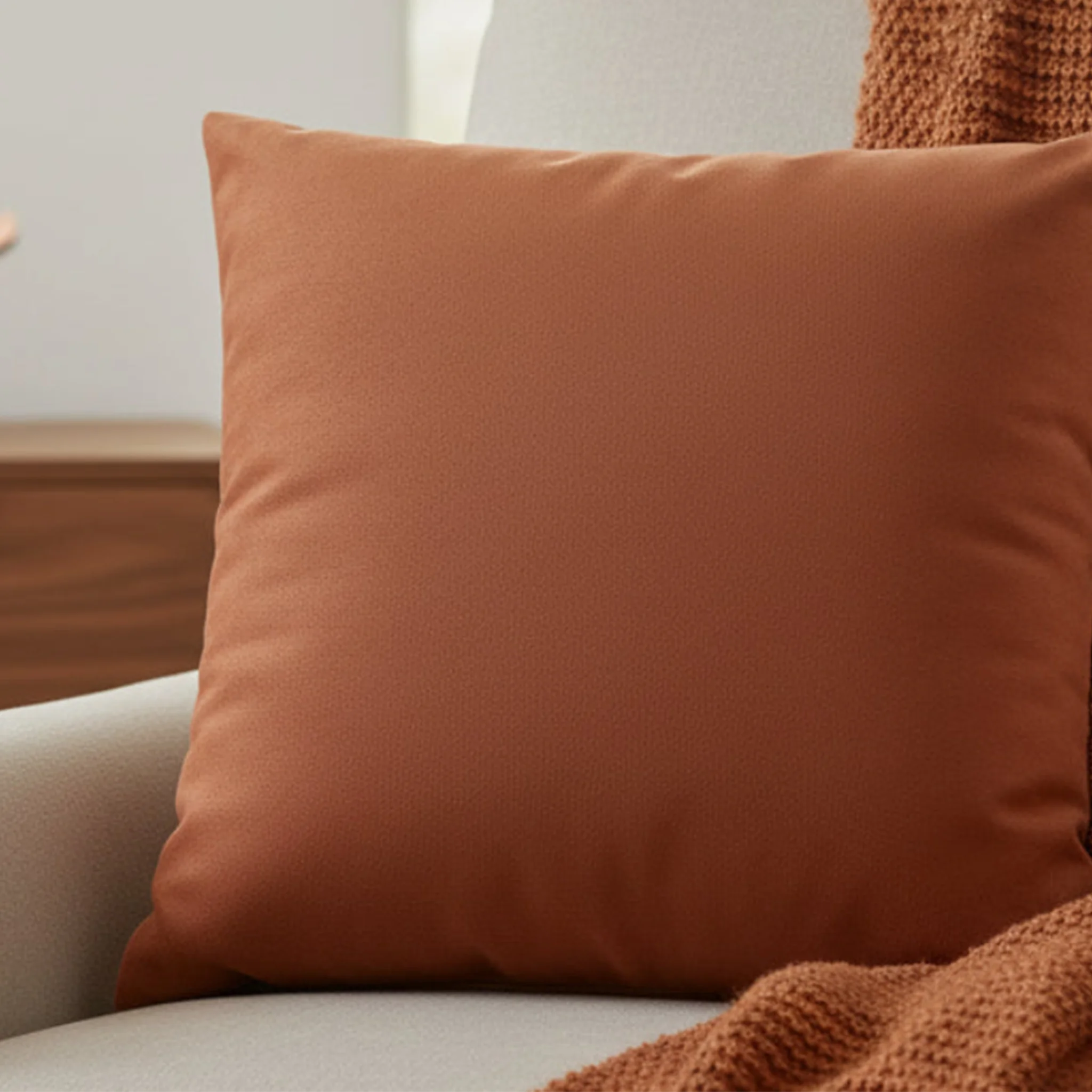 Paarl Rust faux suede pillow case styled on a sofa chair in a modern living room.