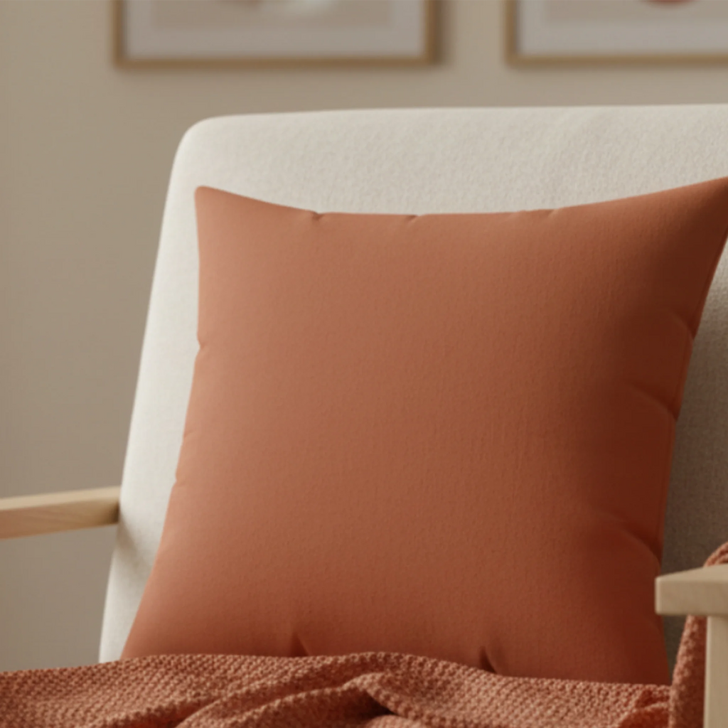 Paarl rust faux suede pillow styled on sofa, earthy boho rust home decor, lifestyle view.