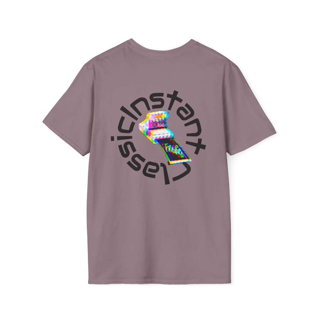 A paragon t-shirt featuring a glitch art polaroid camera with Instant Classic circular text graphic on the back.