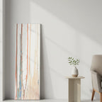 Pastel Balla Tall Abstract Modern Canvas – True-to-scale size reference, 16″×48″ Vertical unframed canvas leaning against wall beside accent chair – 1.25″ deep gallery-ready stretched canvas – FREEBRD Wall Art Decor.