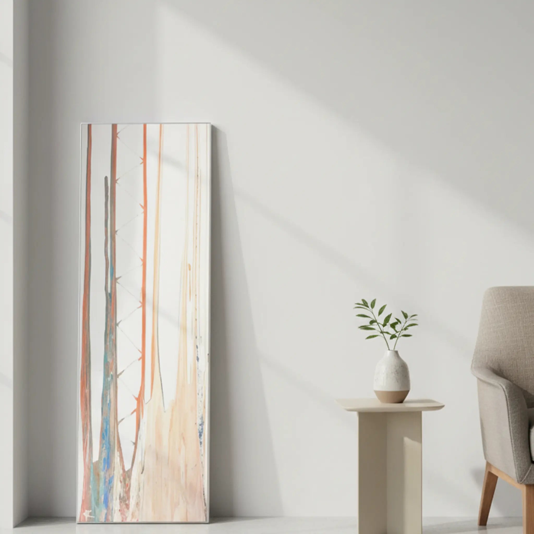 Pastel Balla Tall Abstract Modern Canvas – True-to-scale size reference, 16″×48″ Vertical unframed canvas leaning against wall beside accent chair – 1.25″ deep gallery-ready stretched canvas – FREEBRD Wall Art Decor.