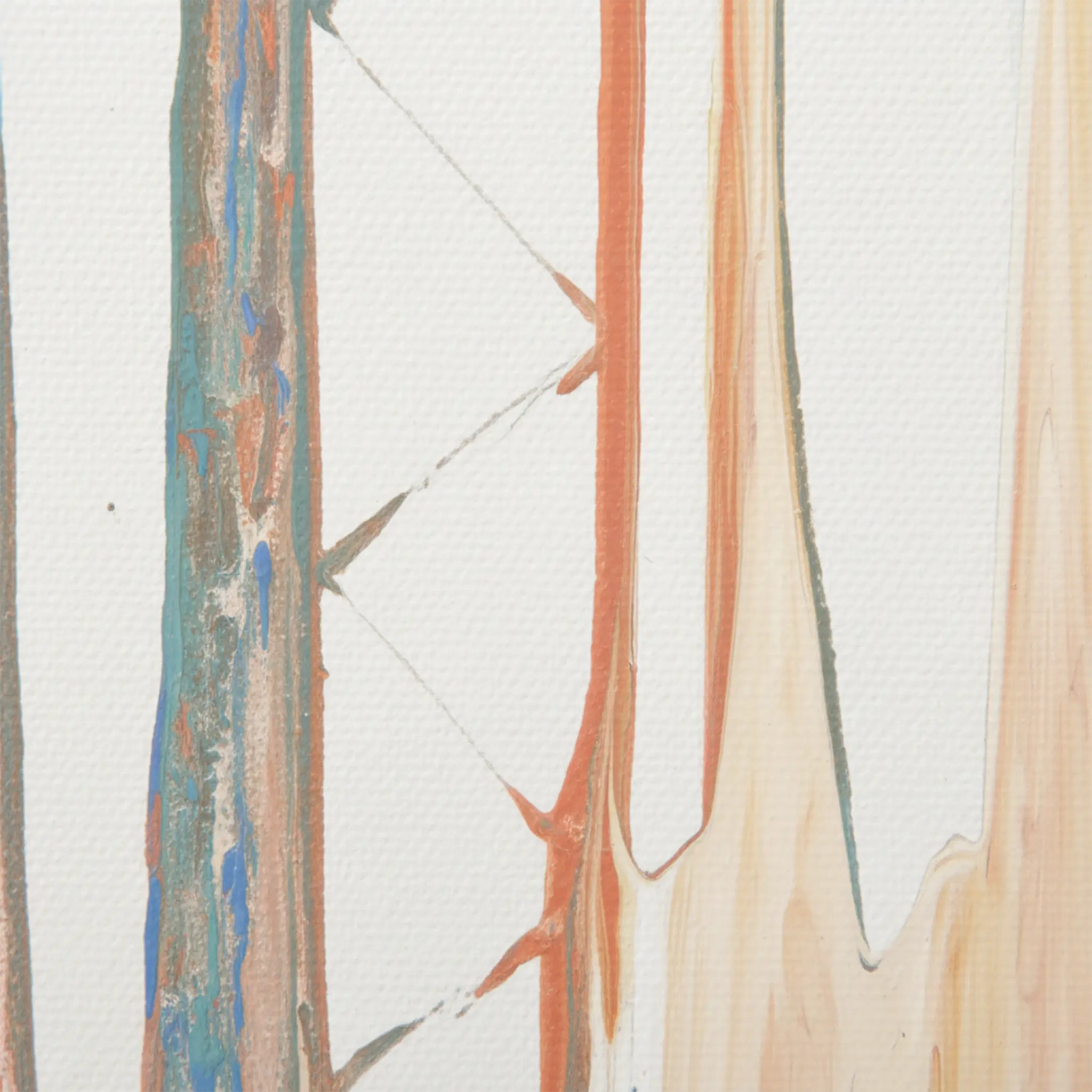 Pastel Balla Tall Abstract Modern Canvas – Close-up macro texture shot showing warm terracotta, soft peach, dusty teal and whisper-cream vertical drip lines – 1.25″ deep unframed stretched canvas – FREEBRD Wall Art Decor.