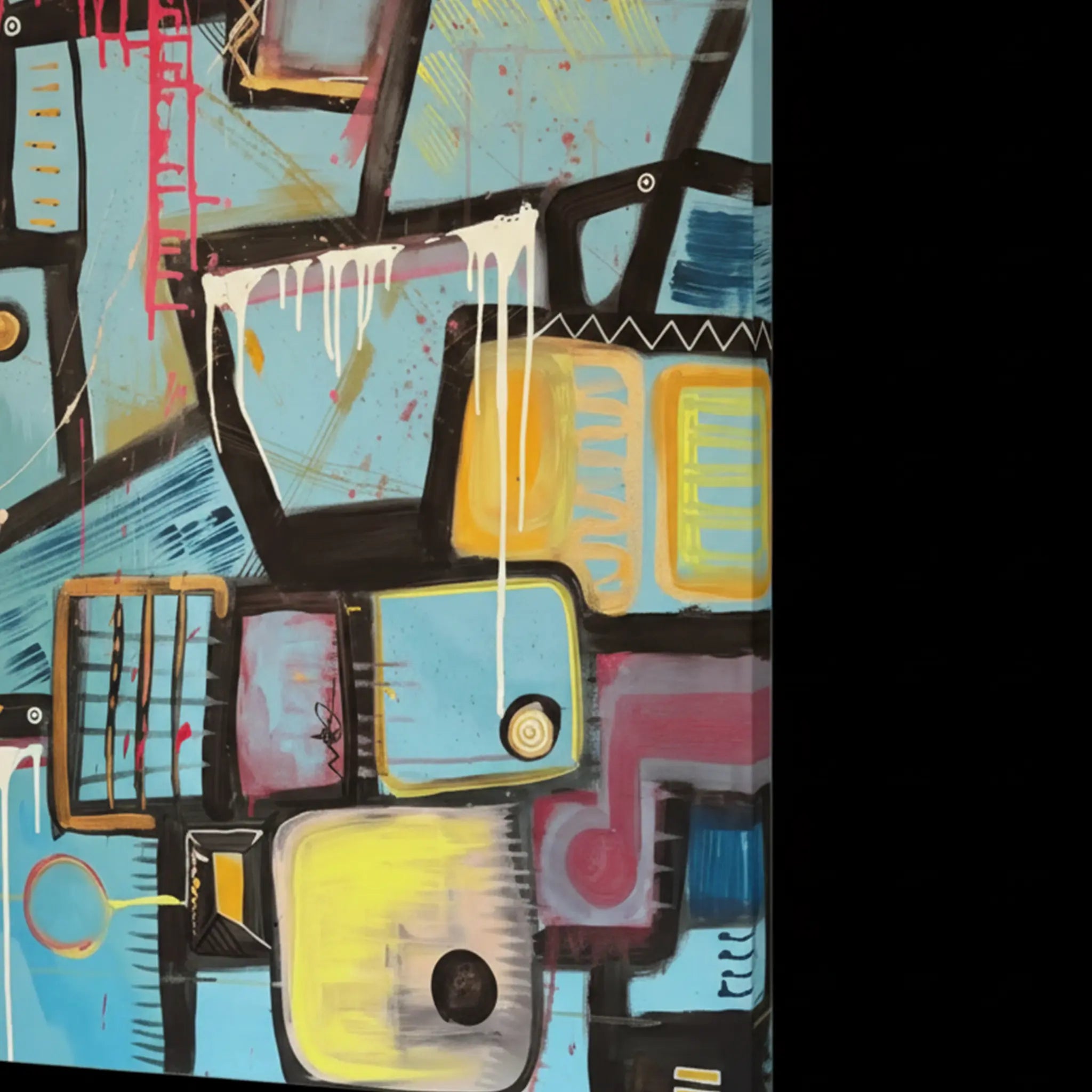 Side profile depth shot of Freebrd "Patchy" unframed urban abstract canvas art, 30x40 vertical, showcasing 1.25" thick gallery-wrap canvas edge with sky blue artwork wrapping around sides, mustard yellow, hot pink graffiti, and white drip details.