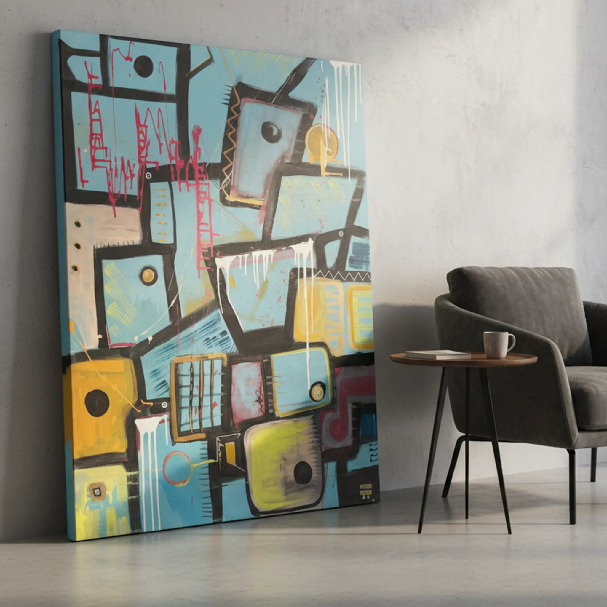 Freebrd "Patchy" unframed urban abstract canvas art, 30x40 vertical, 1.25" thick with artwork-wrapped edges, leaning against modern interior wall beside accent sofa chair — size reference featuring sky blue, mustard yellow, hot pink, and white drip textures.