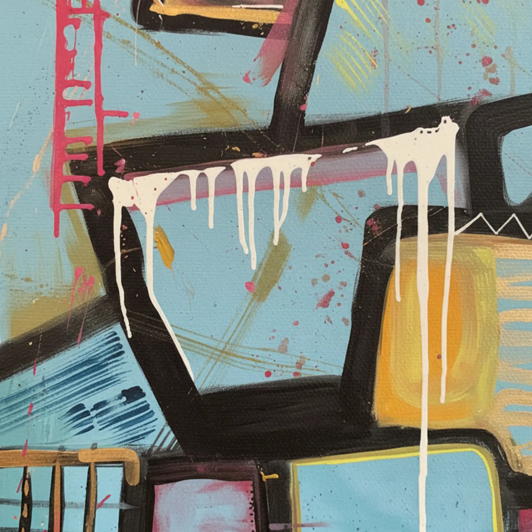 Close-up macro texture of Freebrd "Patchy" unframed urban abstract canvas art, 30x40 vertical, 1.25" thick, sky blue background with bold black geometric outlines, mustard yellow, hot pink graffiti scrawl, white paint drips, and gold details.