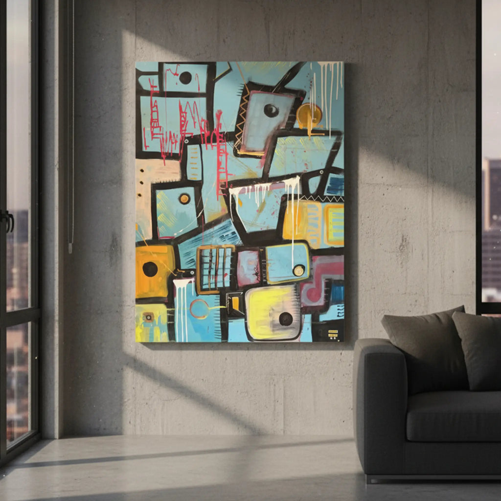 Freebrd "Patchy" unframed urban abstract canvas art, 30x40 vertical, hung in a modern urban loft with concrete wall, dark charcoal sofa, and black accent pillows — sky blue, mustard yellow, hot pink graffiti, and white drip details in window lighting.