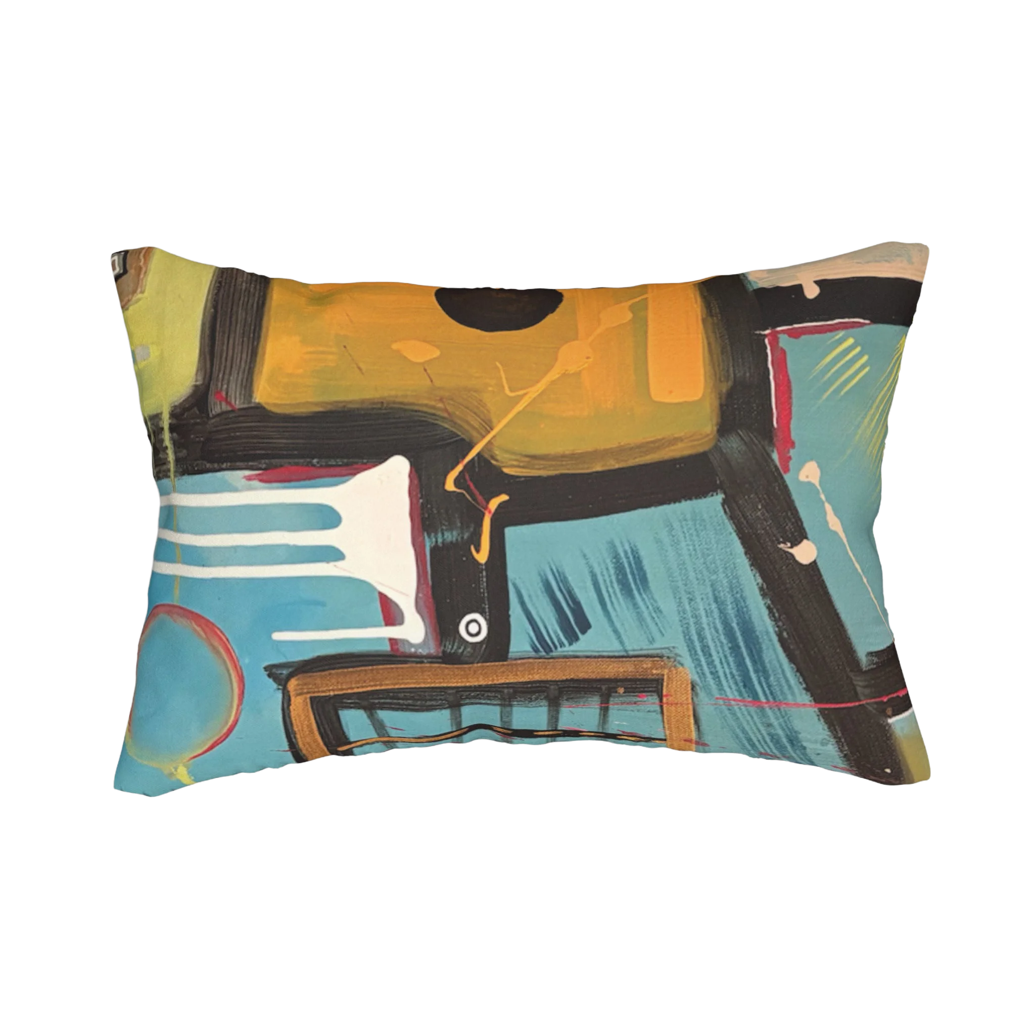 Patchy abstract urban lumbar pillow, front view.