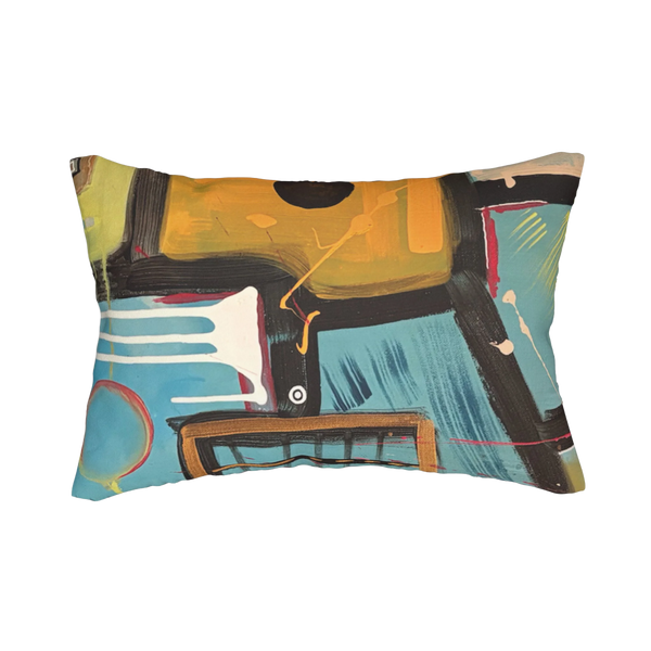 Patchy abstract urban lumbar pillow, front view.