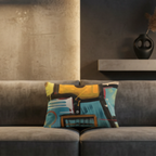 Patchy abstract urban lumbar pillow styled on a couch in an edgy, modern, soft brutalist living room. 