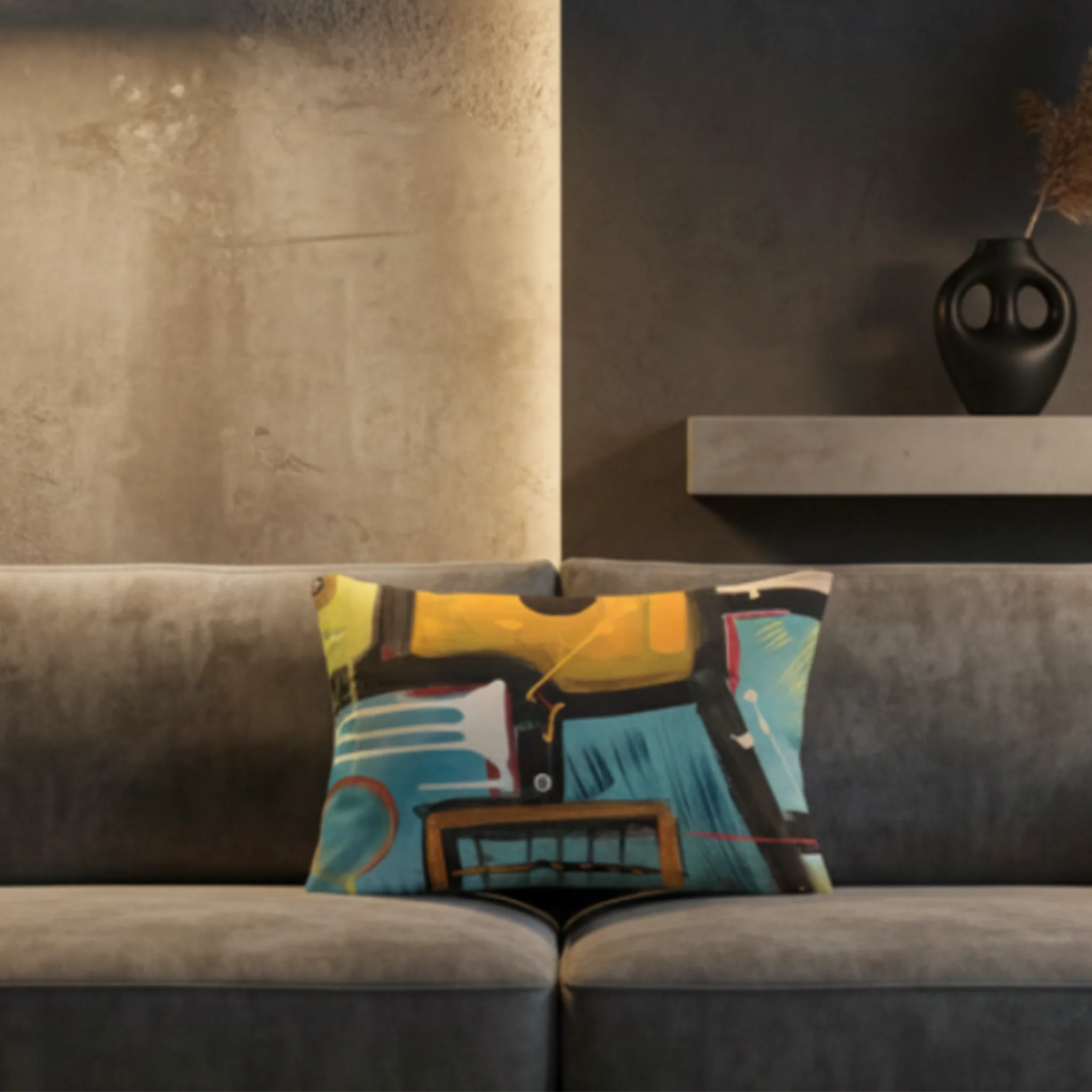 Patchy abstract urban lumbar pillow styled on a couch in an edgy, modern, soft brutalist living room. 