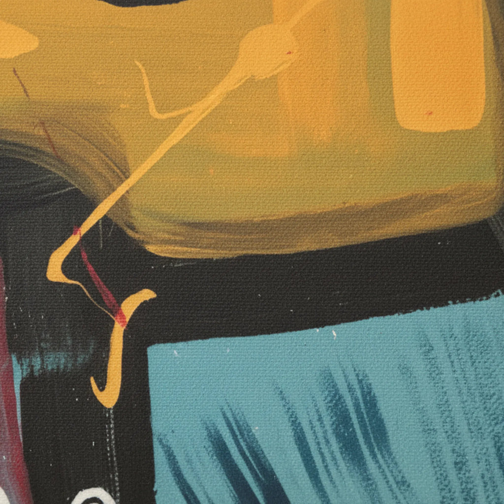 Close-up macro texture of Patchy Abstract Urban Lumbar Pillow fabric showing bold brushstroke print in golden ochre, teal, and charcoal.
