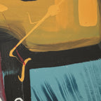 Close-up macro texture of Patchy Abstract Urban Lumbar Pillow fabric showing bold brushstroke print in golden ochre, teal, and charcoal.