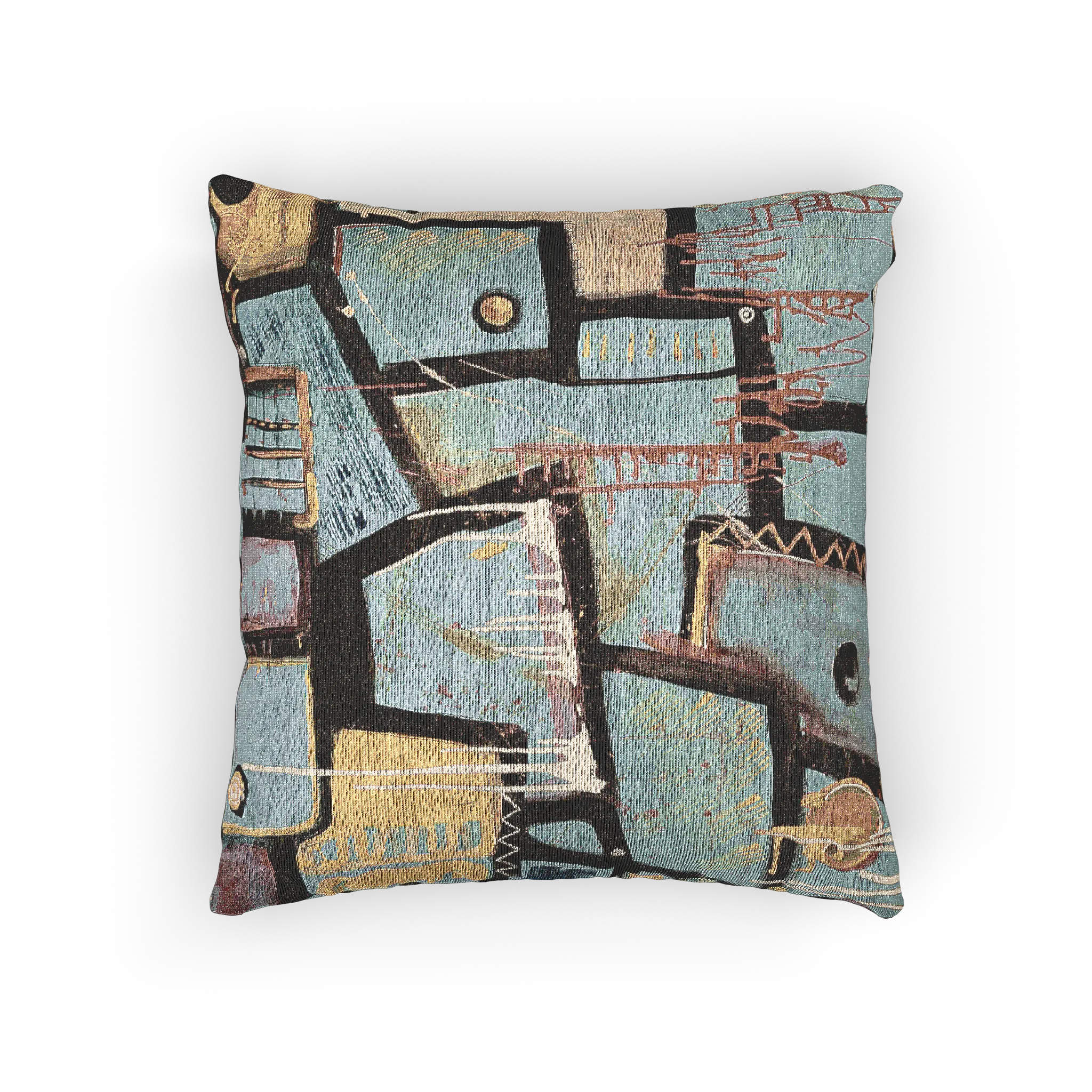 A back preview of the ‘Patchy’ decorative 17x18 woven accent pillow with an urban abstract design that shows black and gold geometric lines. 