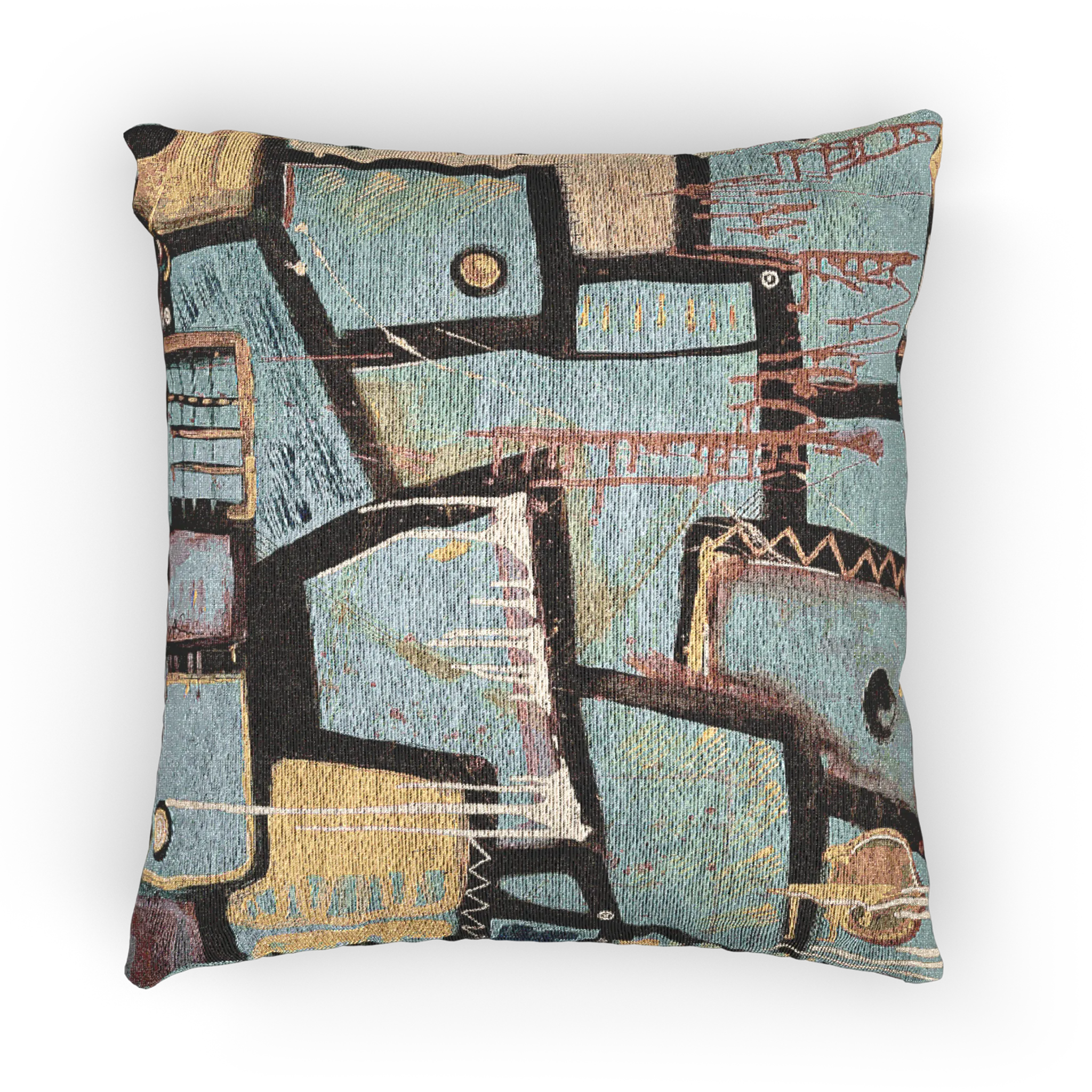 A front vertical preview of the ‘Patchy’ decorative 17x18 woven accent pillow with an urban abstract design that shows black and gold geometric lines. 