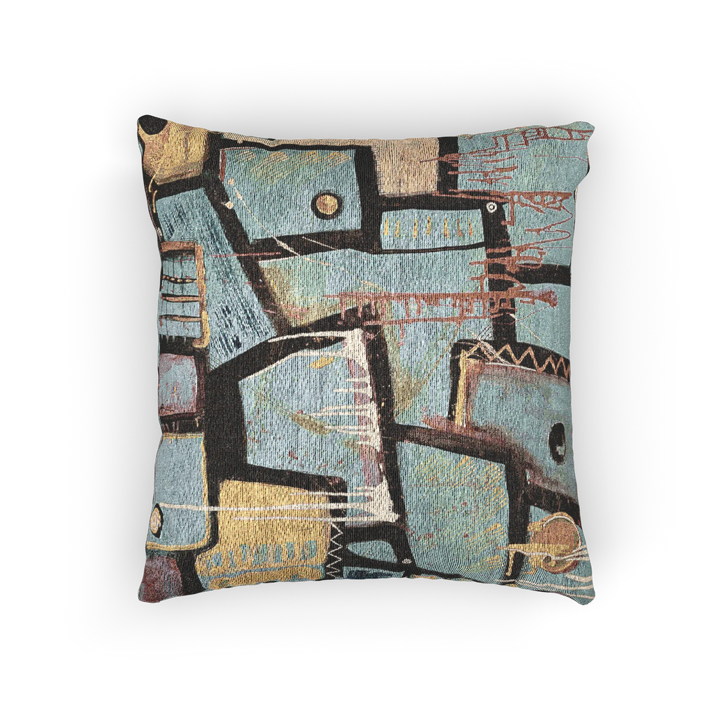A back view of the ‘Patchy’ decorative woven accent pillow with an urban abstract design that shows black and gold geometric lines.