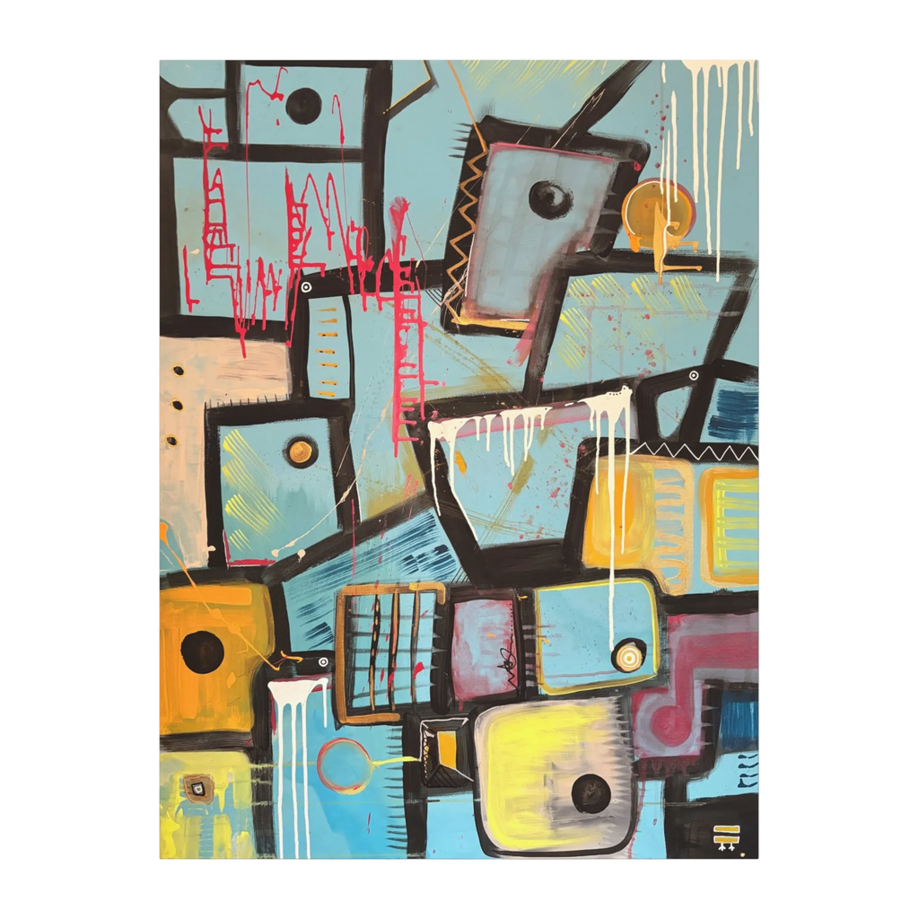 A front preview of the Freebrd ‘Patchy’ Abstract urban art piece with geometric shapes showing vibrant turquoise, mustard, pale pink, charcoal, teal, yellow, gold ochre, white and green painted brushstrokes along with red and white poured paint texture on a 30x40 canvas that has a 1.25 inch thickness.