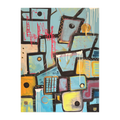 A front preview of the Freebrd ‘Patchy’ Abstract urban art piece with geometric shapes showing vibrant turquoise, mustard, pale pink, charcoal, teal, yellow, gold ochre, white and green painted brushstrokes along with red and white poured paint texture on a 30x40 canvas that has a 1.25 inch thickness.
