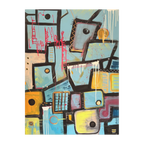 A front preview of the Freebrd ‘Patchy’ Abstract urban art piece with geometric shapes showing vibrant turquoise, mustard, pale pink, charcoal, teal, yellow, gold ochre, white and green painted brushstrokes along with red and white poured paint texture on a 30x40 canvas that has a 1.25 inch thickness.