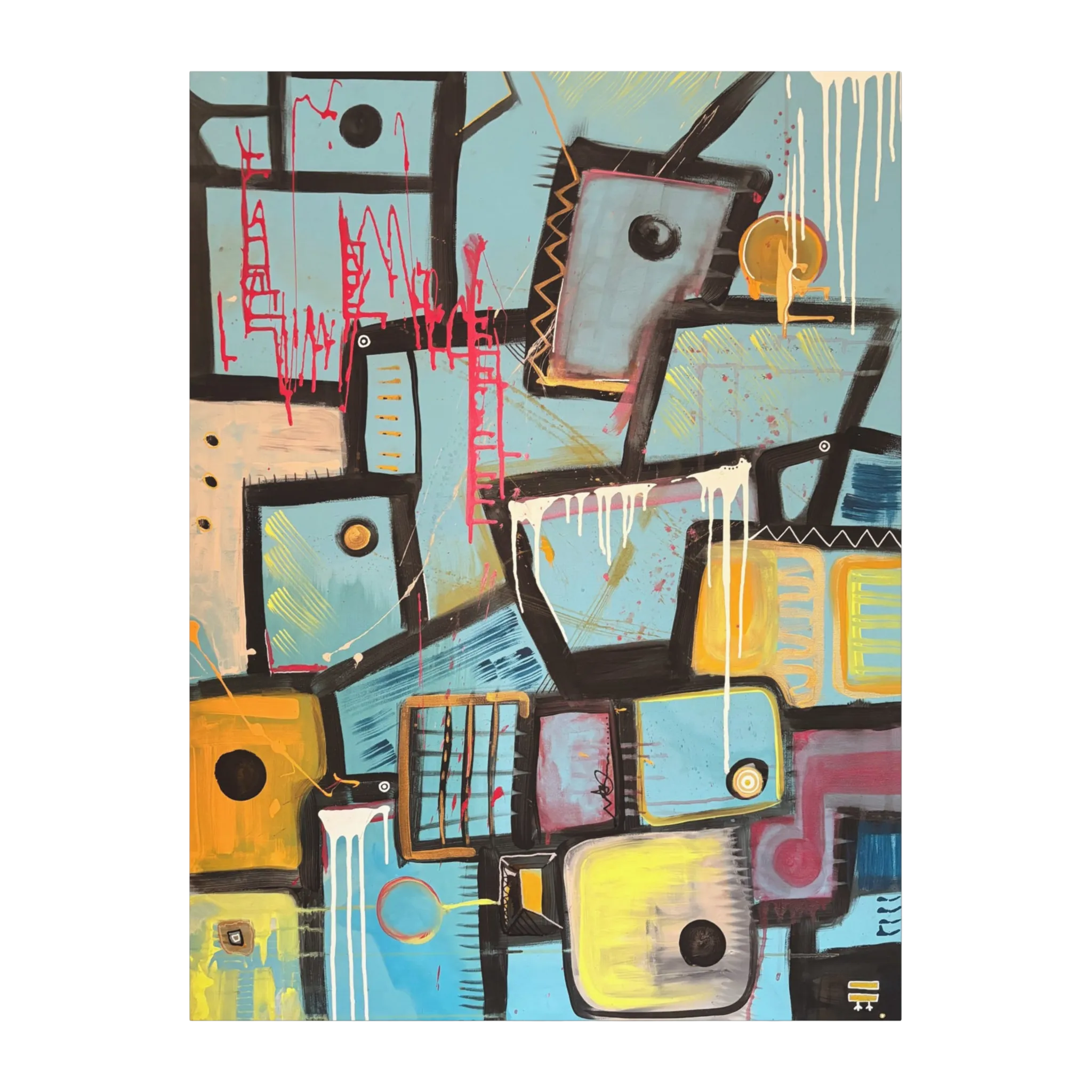 A front preview of the Freebrd ‘Patchy’ Abstract urban art piece with geometric shapes showing vibrant turquoise, mustard, pale pink, charcoal, teal, yellow, gold ochre, white and green painted brushstrokes along with red and white poured paint texture on a 30x40 canvas that has a 1.25 inch thickness.