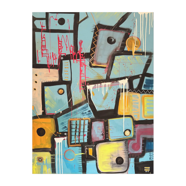 A front preview of the Freebrd ‘Patchy’ Abstract urban art piece with geometric shapes showing vibrant turquoise, mustard, pale pink, charcoal, teal, yellow, gold ochre, white and green painted brushstrokes along with red and white poured paint texture on a 30x40 canvas that has a 1.25 inch thickness.