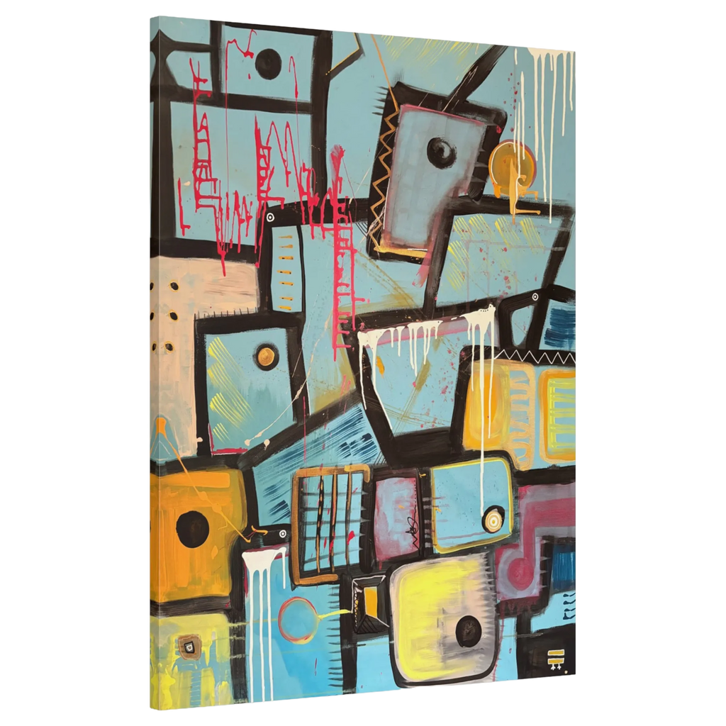 A side preview of the Freebrd ‘Patchy’ Abstract urban art piece with geometric shapes showing vibrant turquoise, mustard, pale pink, charcoal, teal, yellow, gold ochre, white and green painted brushstrokes along with red and white poured paint texture on a 30x40 canvas that has a 1.25 inch thickness.