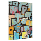 A side preview of the Freebrd ‘Patchy’ Abstract urban art piece with geometric shapes showing vibrant turquoise, mustard, pale pink, charcoal, teal, yellow, gold ochre, white and green painted brushstrokes along with red and white poured paint texture on a 30x40 canvas that has a 1.25 inch thickness.