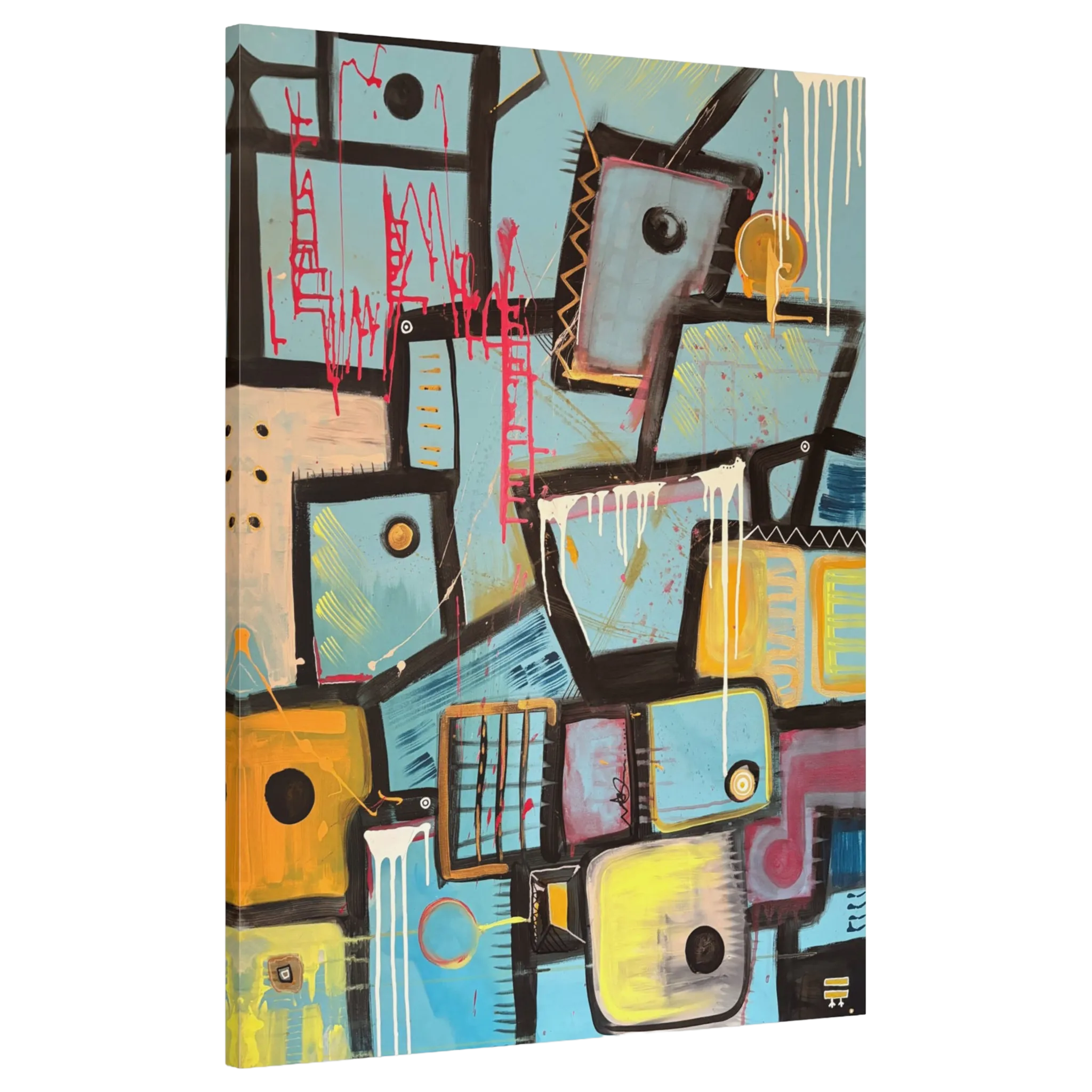 A side preview of the Freebrd ‘Patchy’ Abstract urban art piece with geometric shapes showing vibrant turquoise, mustard, pale pink, charcoal, teal, yellow, gold ochre, white and green painted brushstrokes along with red and white poured paint texture on a 30x40 canvas that has a 1.25 inch thickness.
