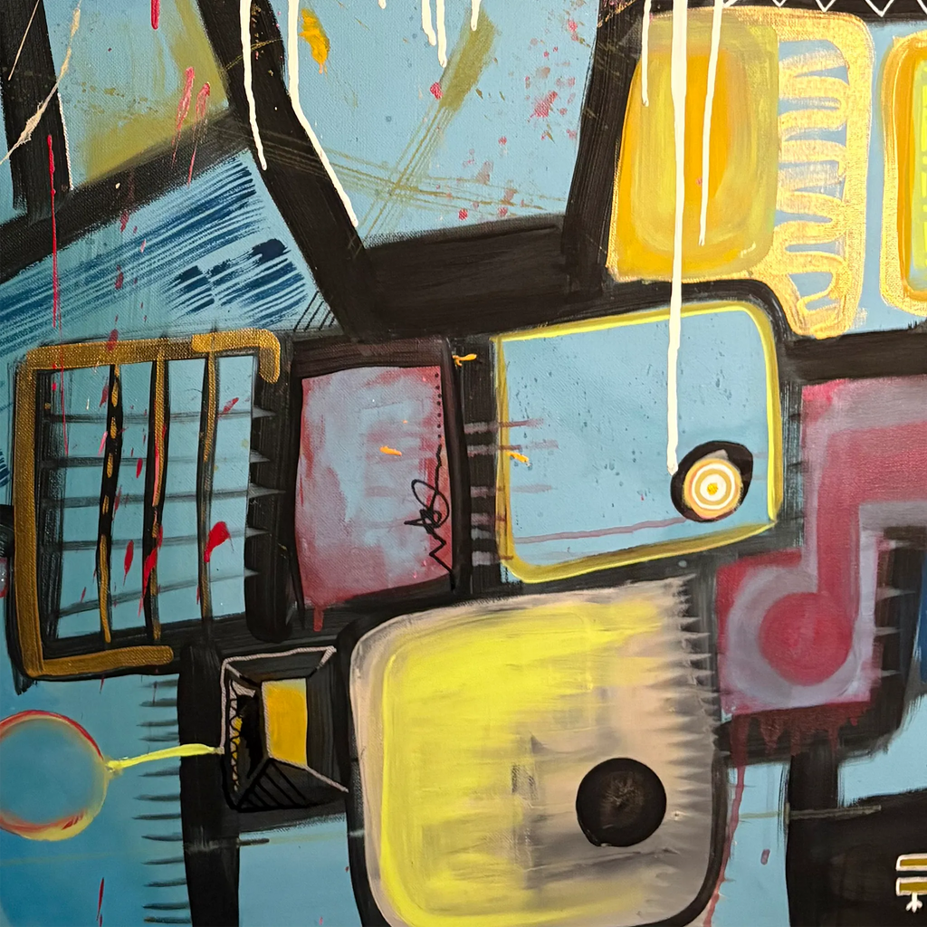 Close-up of blue-green, yellow, and muted pink geometric panels with black outlines, circular marks, fine lines, and white paint drips.