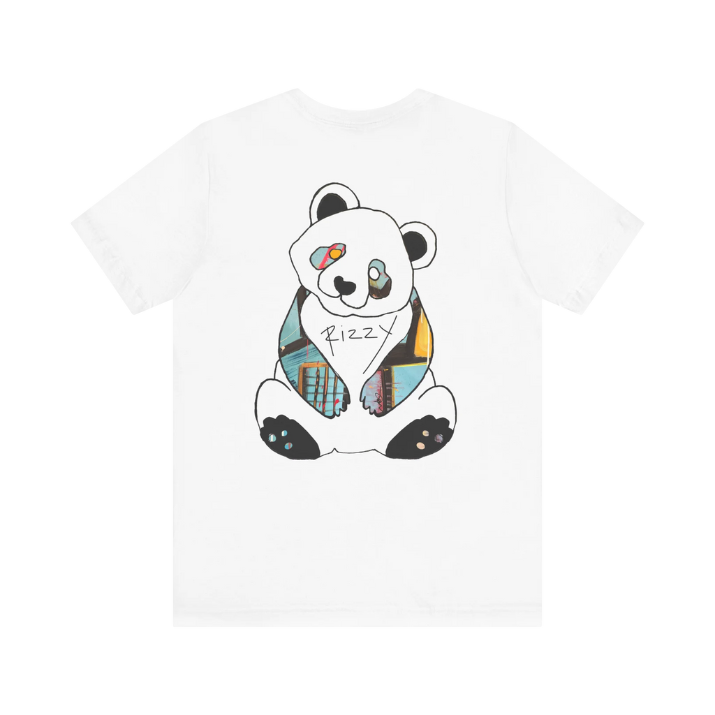 Patchy Panda Rizzy graphic tee, white, color block “Patchy” Panda back graphic, flat lay.