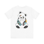 Patchy Panda Rizzy graphic tee, white, color block “Patchy” Panda back graphic, flat lay.