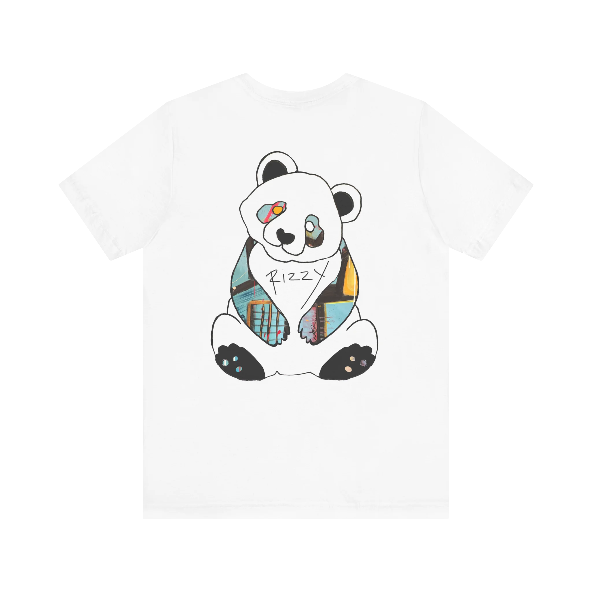 Patchy Panda Rizzy graphic tee, white, color block “Patchy” Panda back graphic, flat lay.