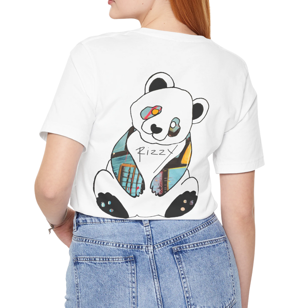 “Patchy" Panda Rizzy graphic tee, white, hand-drawn panda art back view, worn lifestyle shot.