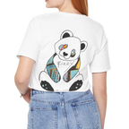 “Patchy" Panda Rizzy graphic tee, white, hand-drawn panda art back view, worn lifestyle shot.