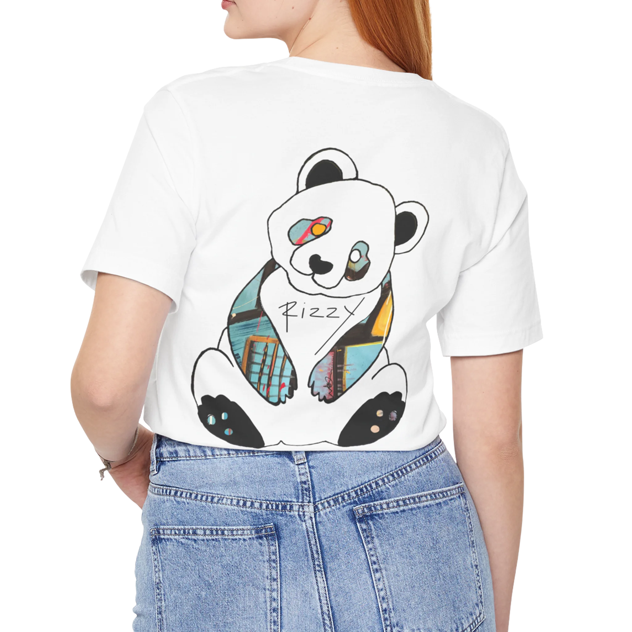 “Patchy" Panda Rizzy graphic tee, white, hand-drawn panda art back view, worn lifestyle shot.