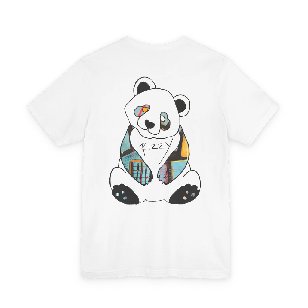 “Patchy" Panda Rizzy graphic tee, white, color block panda back graphic preview.