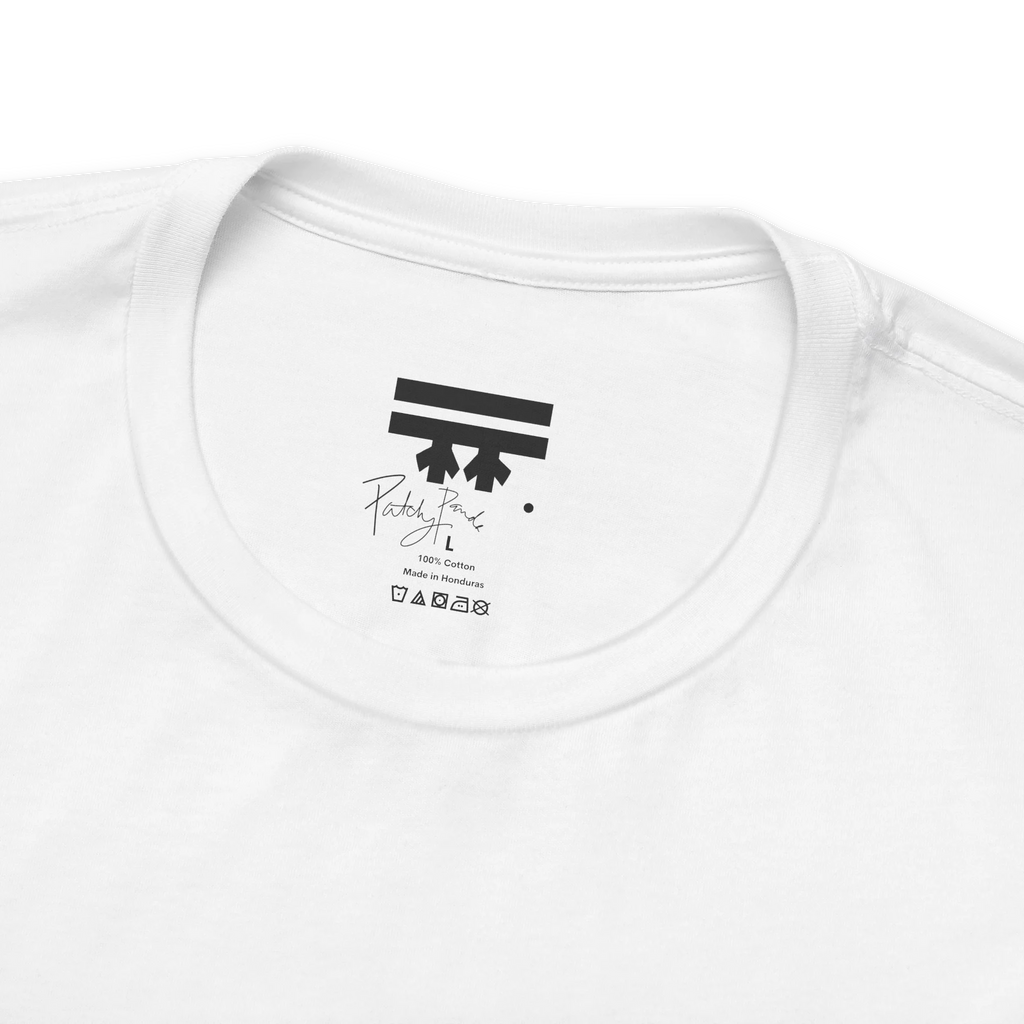 FREEBRD “Patchy" Panda branded inner collar label, 100% cotton tee, size tag detail