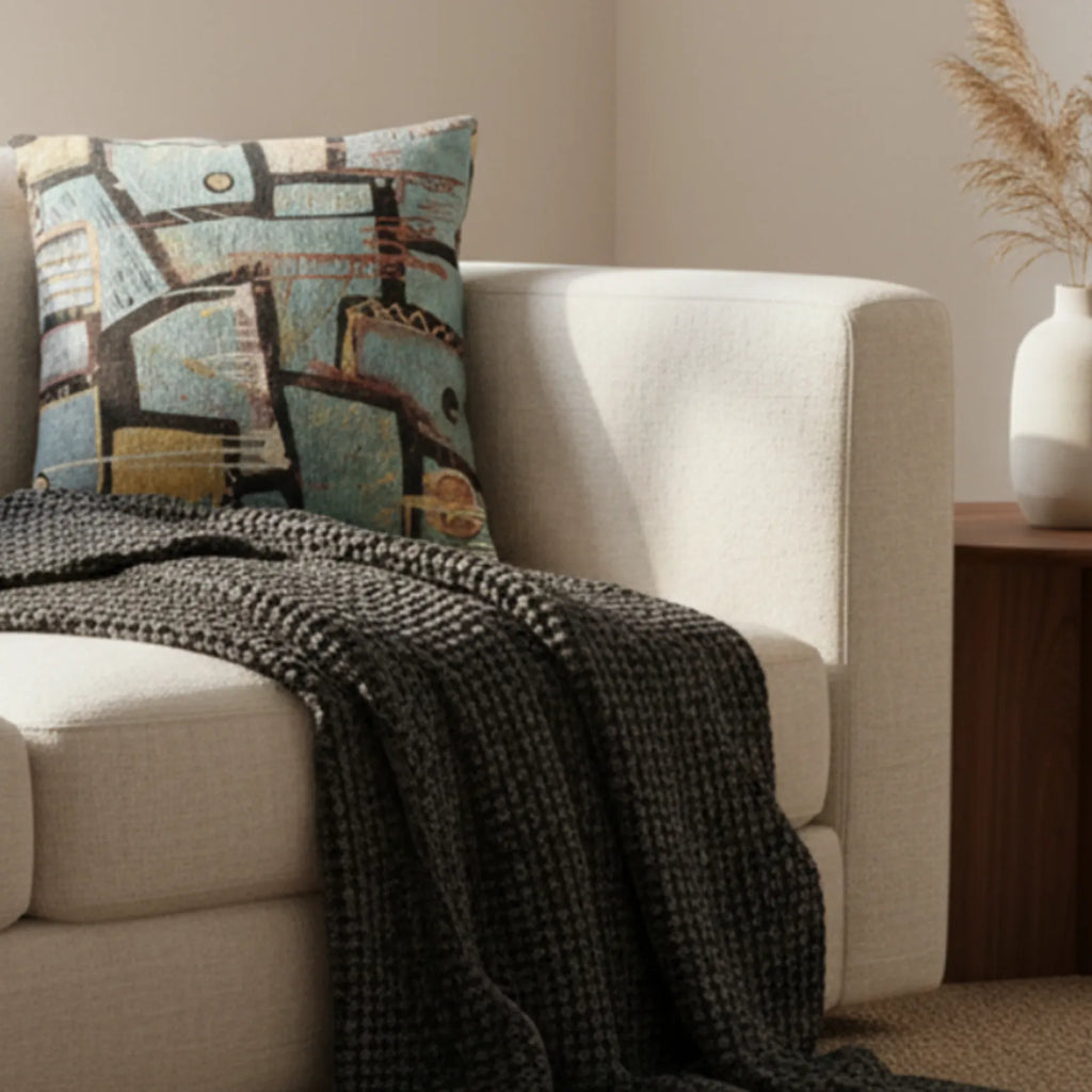Cream bouclé curved sofa with a chunky black waffle knit throw and a pampas grass stem on a walnut side table styled with the Patchy Teal & Gold Woven Pillow.