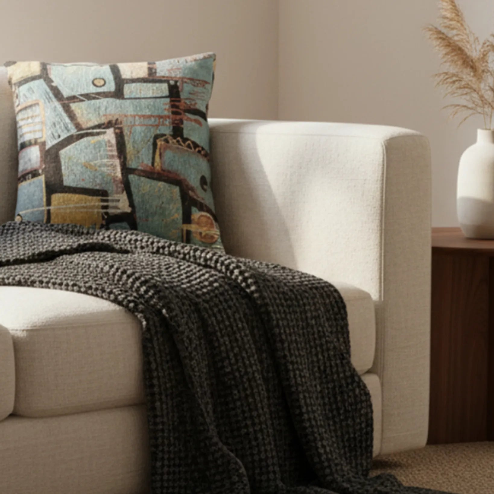 Beige sofa with a textured black throw blanket and the ‘Patchy’ geometric abstract patterned pillow in a nordic living room setting.
