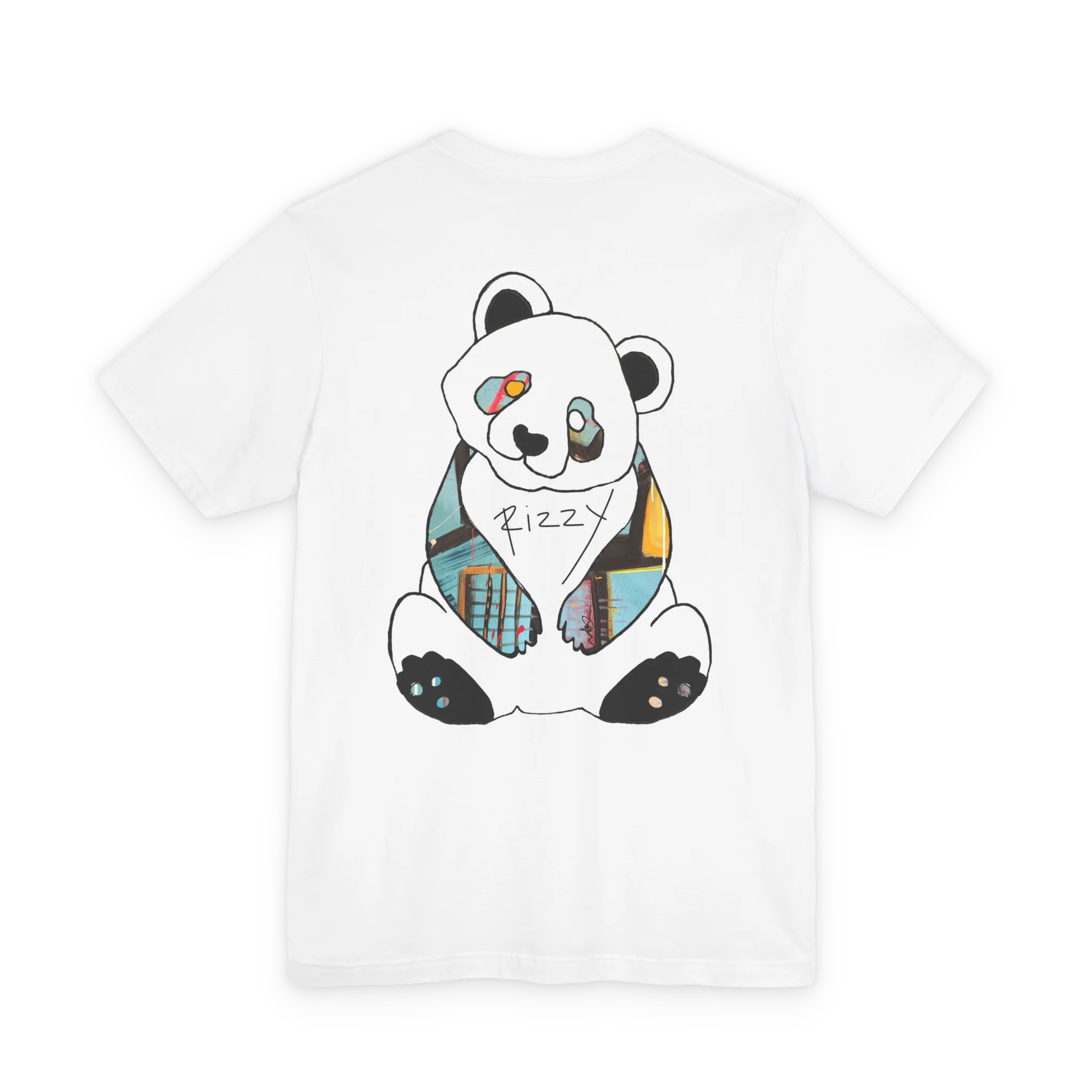 “Patchy" Panda Rizzy graphic tee, white, color block panda back graphic preview.
