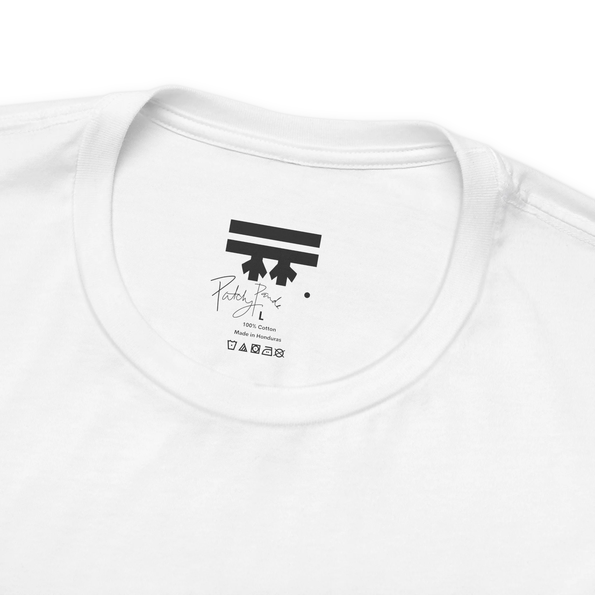 FREEBRD “Patchy" Panda branded inner collar label, 100% cotton tee, size tag detail