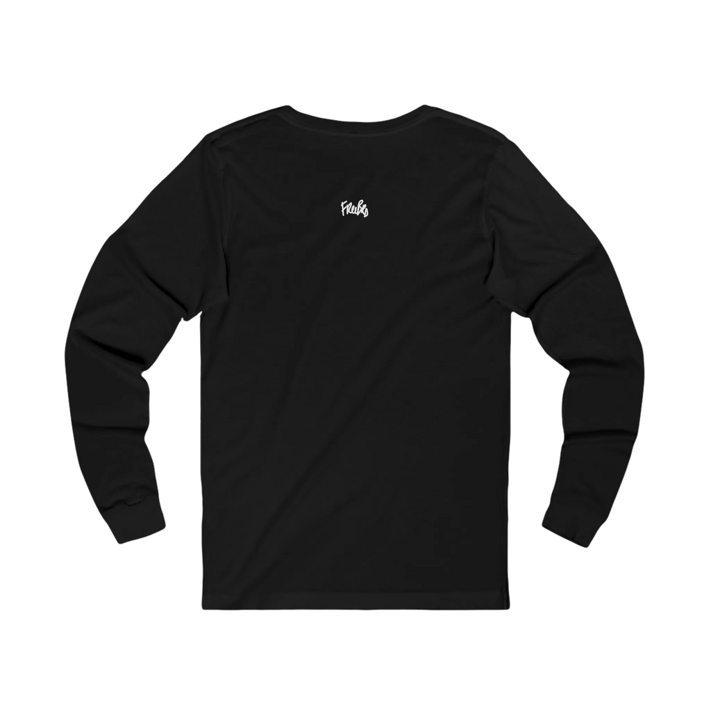 Black long-sleeve tee with a small white FREEBRD script logo centered below the back neckline, back view.